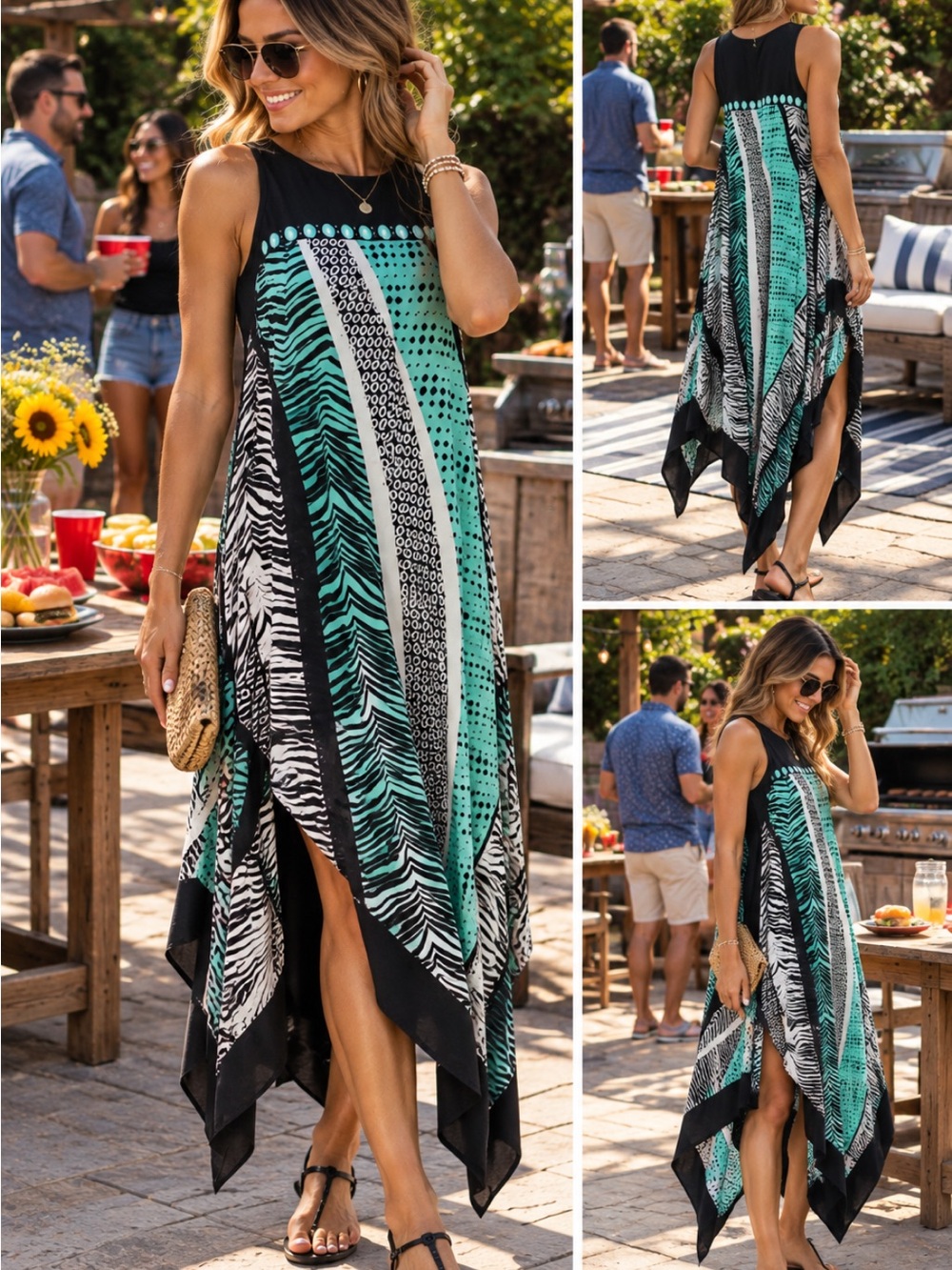 PerSeption Concept Teal, Black & White Handkerchief-Hem Maxi Dress